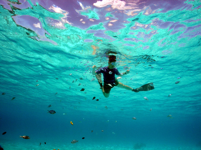 Snorkeler surrounded by fish in Saipan, 2003