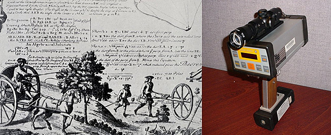 18th century sketch of an odometer being used to measure a distance and a Riegl electronic distance measurement instrument