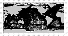 Dark areas of the ocean indicate the geographic distribution of vertical profiles Dark areas of the ocean indicate the geographic distribution of vertical profiles