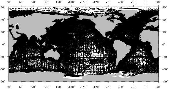 Dark areas of the ocean indicate the geographic distribution of vertical profiles