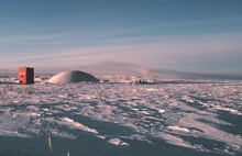 The geodesic dome and skylab as seen from the old Clean Air Facility at South Pole Station.