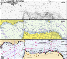 These three charts depict the same area near San Francisco at three different times—1859, 1974, and 2006. These three charts depict the same area near San Francisco at three different times—1859, 1974, and 2006.