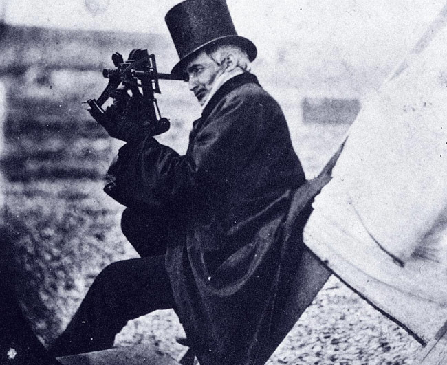 Alexander Dallas Bache peering through a sextant.