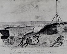 Ferdinand Hassler directing movement of a 300lb surveying instrument which he designed and proudly called the Great Theodolite. Ferdinand Hassler directing movement of a 300lb surveying instrument which he designed and proudly called the Great Theodolite.