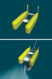 Designs show the vehicle Nereus in its two modes. The vehicle will transform from a free-swimming vehicle for wide-area ocean surveys (above) to a vehicle tethered by a cable to a surface ship for close-up investigation and sampling of seafloor rocks and organisms.