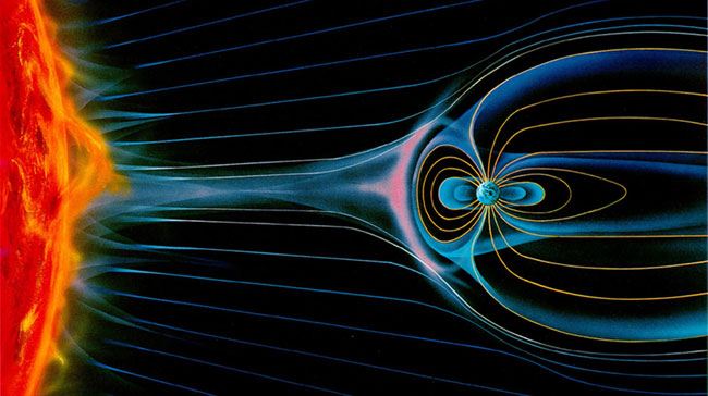 An artists rendition of the geomagnetic field around Earth.