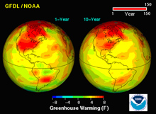 This graphic, generated using a model, shows the effect of that doubling atmospheric carbon dioxide would have on surface air temperatures. This graphic, generated using a model, shows the effect of that doubling atmospheric carbon dioxide would have on surface air temperatures.