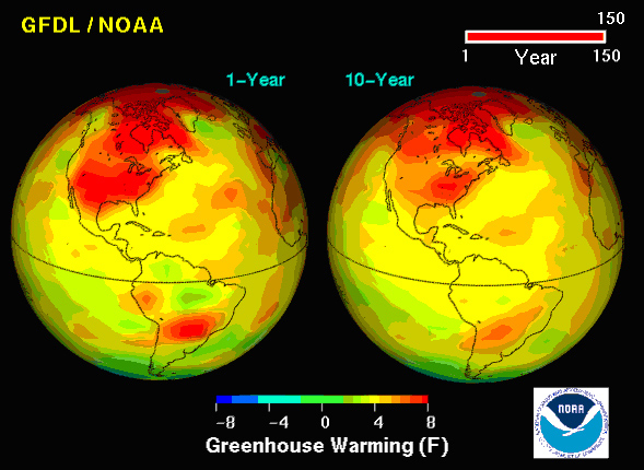 This graphic, generated using a model, shows the effect of that doubling atmospheric carbon dioxide would have on surface air temperatures.
