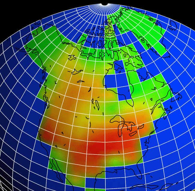 Climate prediction model projects substantial decreases in soil moisture over most mid-latitude continental areas during summer.