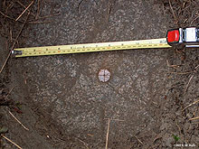 early mark, a copper bolt driven into a large rock with a cross etched on it