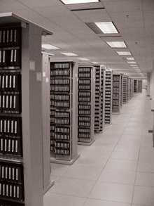Rows and rows of magnetic tape cartridges in the mid-1990s Rows and rows of magnetic tape cartridges in the mid-1990s