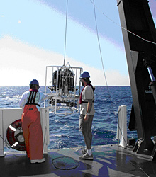 Deploying instruments to collect water column samples and measure salinity Deploying instruments to collect water column samples and measure salinity