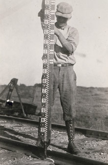 Traditional leveling involved using a level to read numbers marked on a rod, such as this one. Traditional leveling involved using a level to read numbers marked on a rod, such as this one.