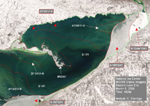 Example of a “true color” visible MODIS image showing ice in eastern Lake Erie in March of 2006. Example of a “true color” visible MODIS image showing ice in eastern Lake Erie in March of 2006.