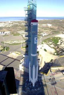 The polar-orbiting NOAA 18 (N) satellite on the launch pad. The polar-orbiting NOAA 18 (N) satellite on the launch pad.