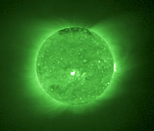 This image from the GOES-13 SXI instrument shows the Sun's x-rays. This image from the GOES-13 SXI instrument shows the Sun's x-rays.