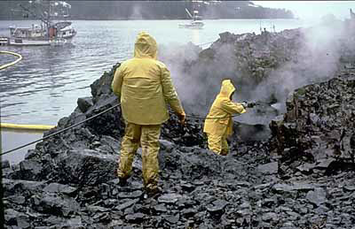 A shoreline cleanup crew attempting to use high-pressure, hot water-washing to clean an oiled shoreline