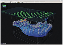 This image shows the three-dimensional distribution of widow rockfish schools overlayed on bathymetry This image shows the three-dimensional distribution of widow rockfish schools overlayed on bathymetry