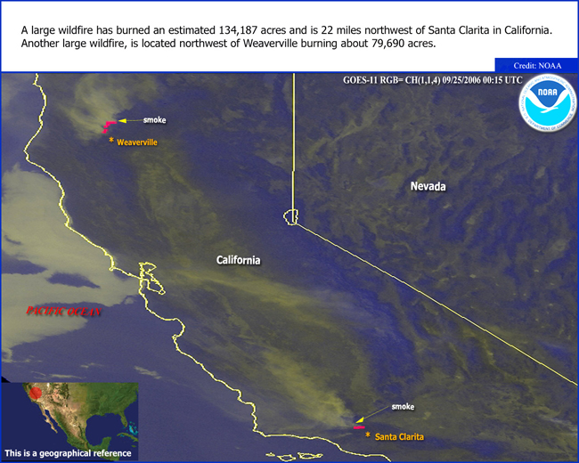 Image of two wildfires in California from GOES-West