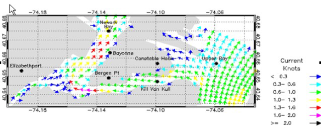 Example forecast of surface currents in a channel region of New York Harbor.